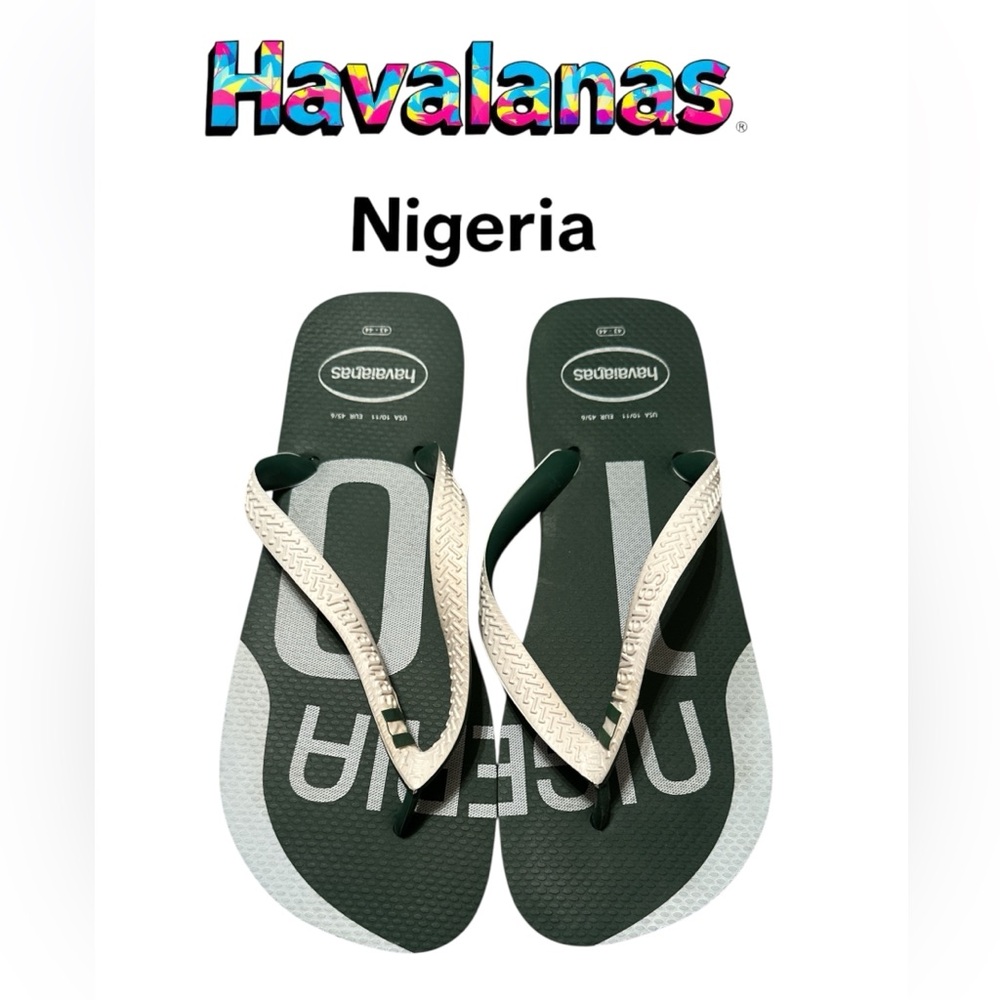 Havaianas Nigeria Green and white flip flops.